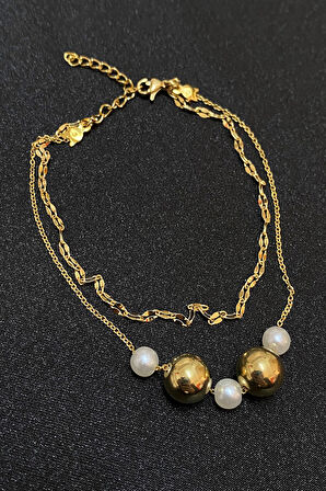 Altın Renk İnci Küre Model Singapur Ve Sf Zincir Çelik Halhal - 3292