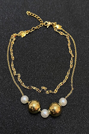 Altın Renk İnci Küre Model Singapur Ve Sf Zincir Çelik Halhal - 3292