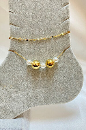 Altın Renk İnci Küre Model Singapur Ve Sf Zincir Çelik Halhal - 3292