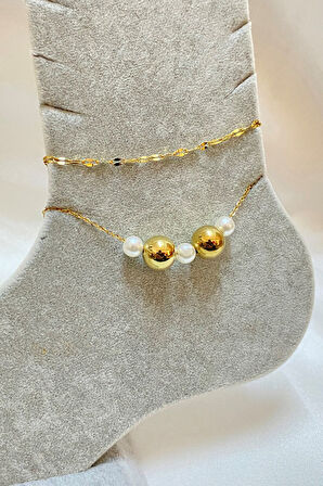 Altın Renk İnci Küre Model Singapur Ve Sf Zincir Çelik Halhal - 3292