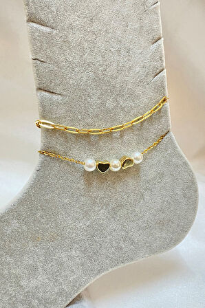 Altın Renk İncili Kalp Model Ezme Ve Sf Zincir Çelik Halhal - 3293