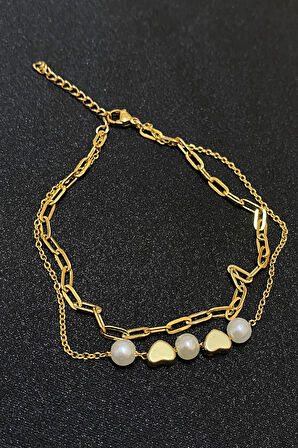 Altın Renk İncili Kalp Model Ezme Ve Sf Zincir Çelik Halhal - 3293