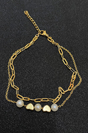 Altın Renk İncili Kalp Model Ezme Ve Sf Zincir Çelik Halhal - 3293