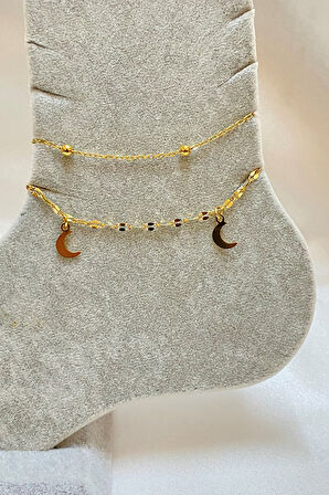 Altın Renk Hilal Model Top Ve Singapur Zincir Çelik Halhal - 3294