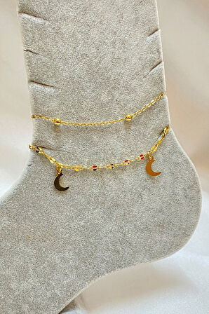 Altın Renk Hilal Model Top Ve Singapur Zincir Çelik Halhal - 3294