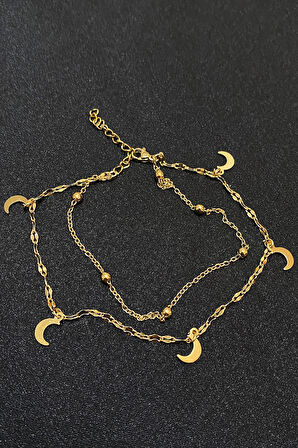 Altın Renk Hilal Model Top Ve Singapur Zincir Çelik Halhal - 3294