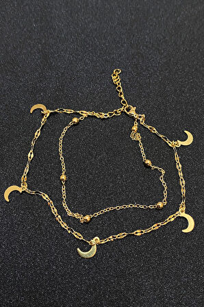 Altın Renk Hilal Model Top Ve Singapur Zincir Çelik Halhal - 3294