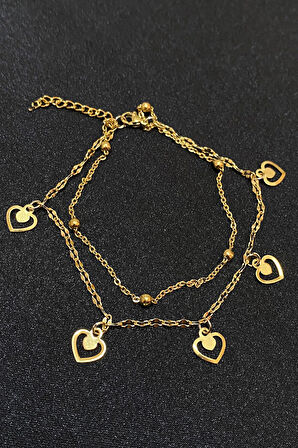 Altın Renk Kalp Model Top Ve Singapur Zincir Çelik Halhal - 3295