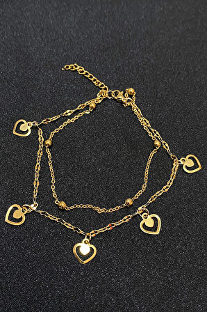 Altın Renk Kalp Model Top Ve Singapur Zincir Çelik Halhal - 3295