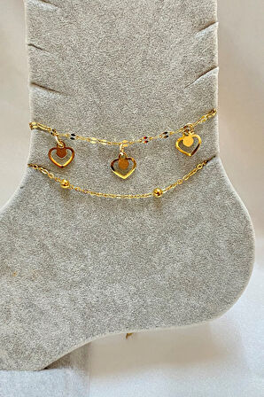 Altın Renk Kalp Model Top Ve Singapur Zincir Çelik Halhal - 3295