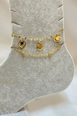 Altın Renk Kalp Model Top Ve Singapur Zincir Çelik Halhal - 3295