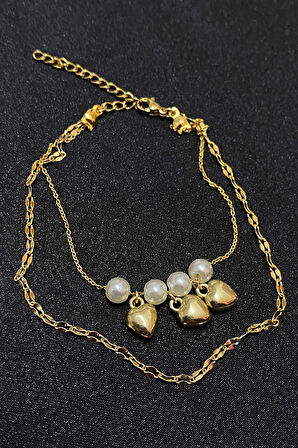 Altın Renk İnci Kalp Model Singapur Ve Sf Zincir Çelik Halhal - 3296