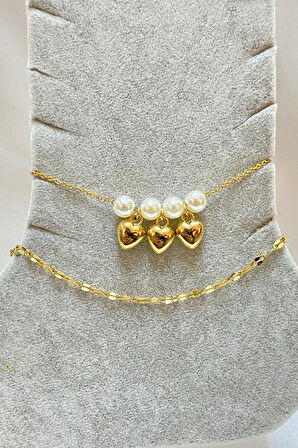 Altın Renk İnci Kalp Model Singapur Ve Sf Zincir Çelik Halhal - 3296