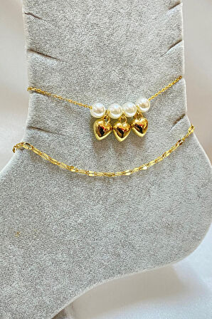 Altın Renk İnci Kalp Model Singapur Ve Sf Zincir Çelik Halhal - 3296