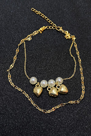 Altın Renk İnci Kalp Model Singapur Ve Sf Zincir Çelik Halhal - 3296