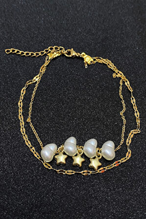 Altın Renk Barok Yıldız Model Singapur Ve Sf Zincir Çelik Halhal - 3297