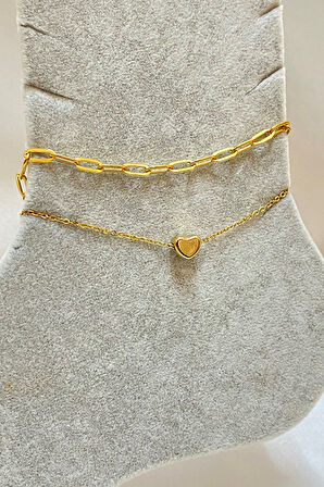 Altın Renk Kalp Model Ezme Ve Sf Zincir Çelik Halhal - 3300