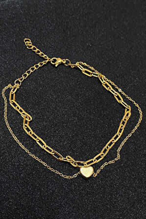 Altın Renk Kalp Model Ezme Ve Sf Zincir Çelik Halhal - 3300