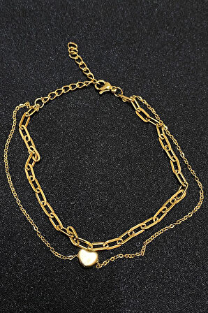 Altın Renk Kalp Model Ezme Ve Sf Zincir Çelik Halhal - 3300