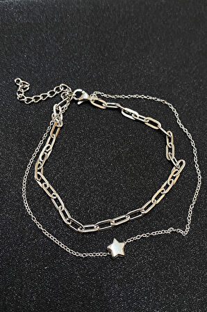 Gümüş Renk Yıldız Model Esme Ve Sf Zincir Çelik Halhal - 3302