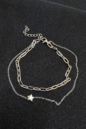 Gümüş Renk Yıldız Model Esme Ve Sf Zincir Çelik Halhal - 3302