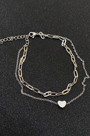 Gümüş Renk Kalp Model Esme Ve Sf Zincir Çelik Halhal - 3303