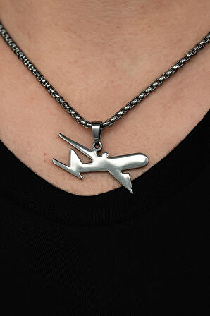 Gümüş Renk Uçak Model Unisex Arnavut Zincir Çelik Kolye - 3314