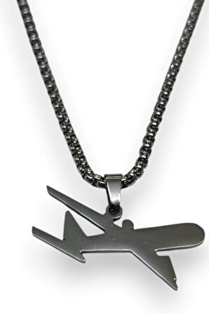 Gümüş Renk Uçak Model Unisex Arnavut Zincir Çelik Kolye - 3314