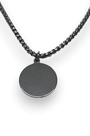 Gümüş Renk Yuvarlak Plaka Model Unisex Arnavut Zincir Çelik Kolye - 3318