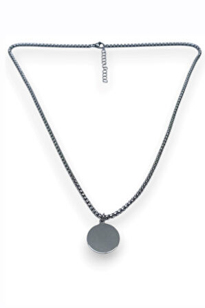 Gümüş Renk Yuvarlak Plaka Model Unisex Arnavut Zincir Çelik Kolye - 3318