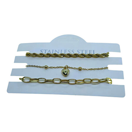 Altın Renk Burgu Top Kalp Dd Zincir Kombin Çelik Bileklik - 3325