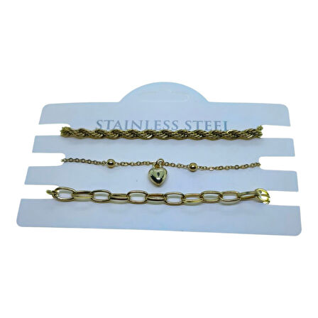 Altın Renk Burgu Top Kalp Dd Zincir Kombin Çelik Bileklik - 3325