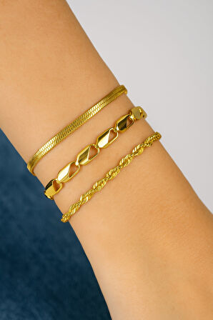 Altın Renk İtalyan Ataç Sarmal Kombin Çelik Bileklik - 3327