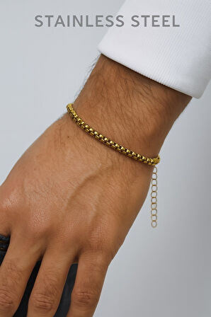 Altın Renk Iç Içe Geçmeli Arnavut Asansör Unisex Erkek Çelik Bileklik -  3380