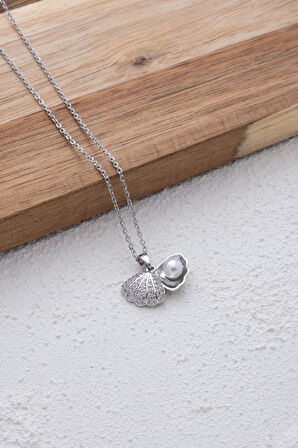 Gümüş Renk  Deniz Kabuğu Inci Detaylı Minimal Gümüş Zirkon Taşlı Zincir Paslanmaz Çelik Kolye - 3390