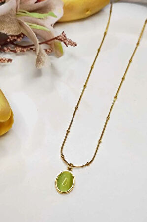 Altın Renk Oval Yeşil Taşlı Çelik Kolye Paslanmaz Çelik Kolye - 3396