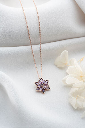 Altın Renk Mor Lotus Çiçeği Kolye Paslanmaz Çelik Kolye - 3400