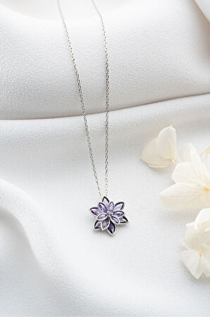 Gümüş Renk Mor Lotus Çiçeği Kolye Paslanmaz Çelik Kolye - 3401