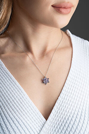 Gümüş Renk Mor Lotus Çiçeği Kolye Paslanmaz Çelik Kolye - 3401