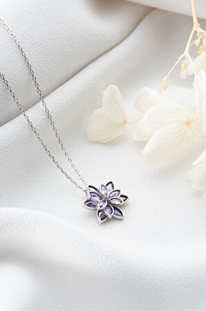 Gümüş Renk Mor Lotus Çiçeği Kolye Paslanmaz Çelik Kolye - 3401