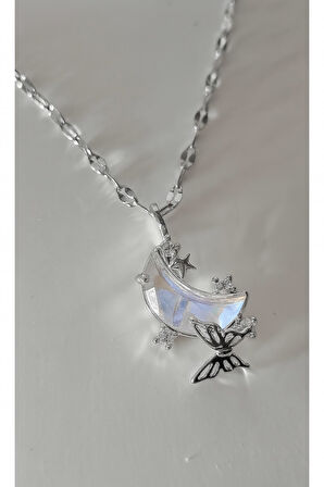 Gümüş Renk Kadın Çelik Ay Kolye,hilal Kolye, Kararmaz Kelebek Kolye,yansıması Ayışığı Çelik Kolye - 3404