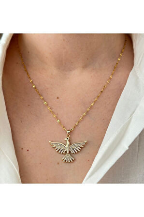 Altın Renk Singapur Zincir Zirkon Taşlı Anka Kuş Çelik Kolye - 3407