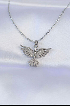 Gümüş Renk Sf Zincir Zirkon Taşlı Anka Kuş Çelik Kolye - 3408