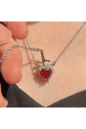 Gümüş Renk Kırmızı Taş Kalp Kılıç Çift Kolyesi Çelik Kolye - 3410
