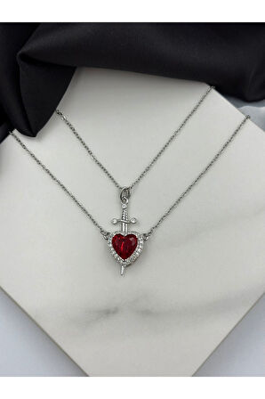 Gümüş Renk Kırmızı Taş Kalp Kılıç Çift Kolyesi Çelik Kolye - 3410
