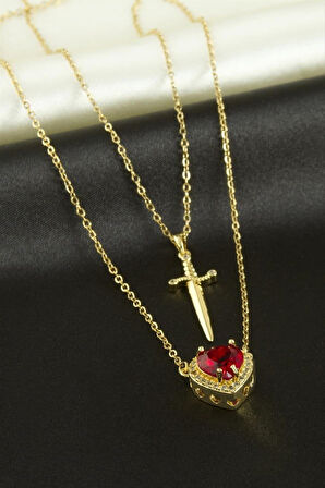 Altın Renk Kırmızı Taş Kalp Kılıç Çift Kolyesi Çelik Kolye - 3411