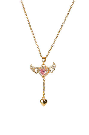 Altın Renk Sevgi Kalp Kanat Meleği Kolye Kadın Çelik Kolye - 3414