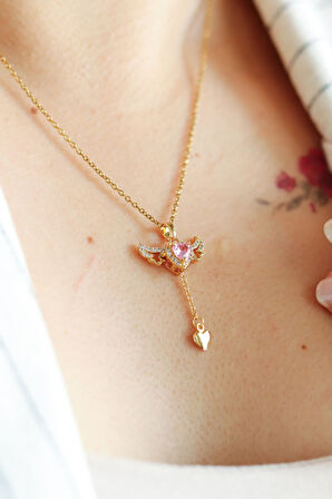 Altın Renk Sevgi Kalp Kanat Meleği Kolye Kadın Çelik Kolye - 3414