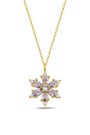 Altın Renk Lila Damla Taşlı Lotus Kamelya Çiçeği Çelik Kolye - 3415