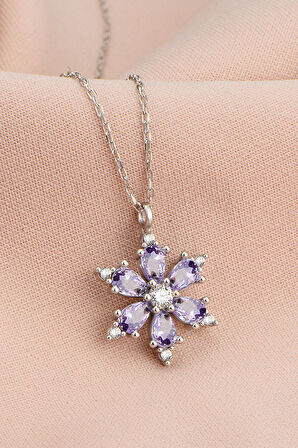 Gümüş Renk Lila Damla Taşlı Lotus Kamelya Çiçeği Çelik Kolye - 3416